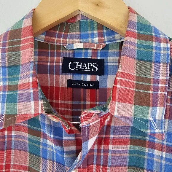 Ralph Lauren Chaps Linen Blend Colorful Plaid Shirt Mens Sz L Preppy Work Casual - Picture 4 of 9